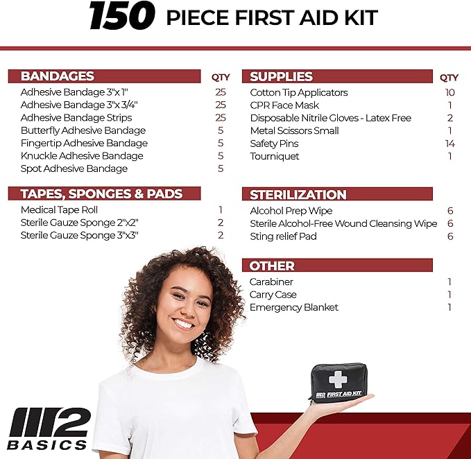 M2 BASICS Premium Compact First Aid Kit, 150 Pieces, Portable for Car, Travel, Vehicle, Hiking & Purse