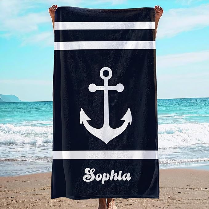 JML Personalized Beach Towel with Name, Custom Anchor Beach Towel, Customized Microfiber Pool Towel, Quick Dry & Absorbent Swim Towel for Adult,Anniversary, Birthday, Summer Holiday,Vacation