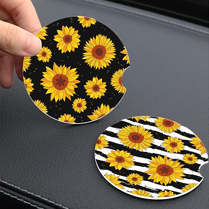 Autumn Sunflowers Car Cup Holder Coasters,Sunflowers Black White Stripe Car Cup Coasters Absorbent for Drinks with Cork Base Anti-Slip Universal Ceramic Insert Auto Interior Accessories 2Pcs