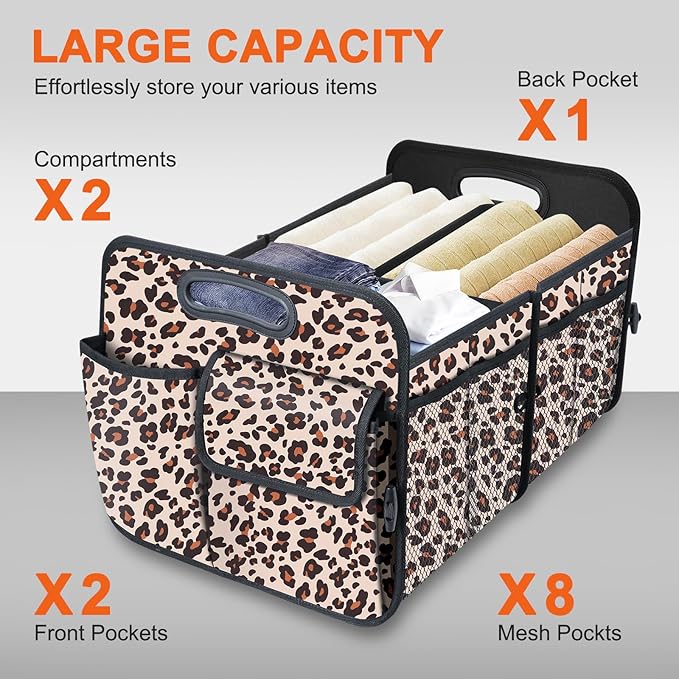 Trunk Organizer, Collapsible Trunk Organizers and Storage, Car Accessories for Women and Men, Multi-Compartment Trunk Storage Organizer for SUV, Car, Mini-Van, Leopard Print