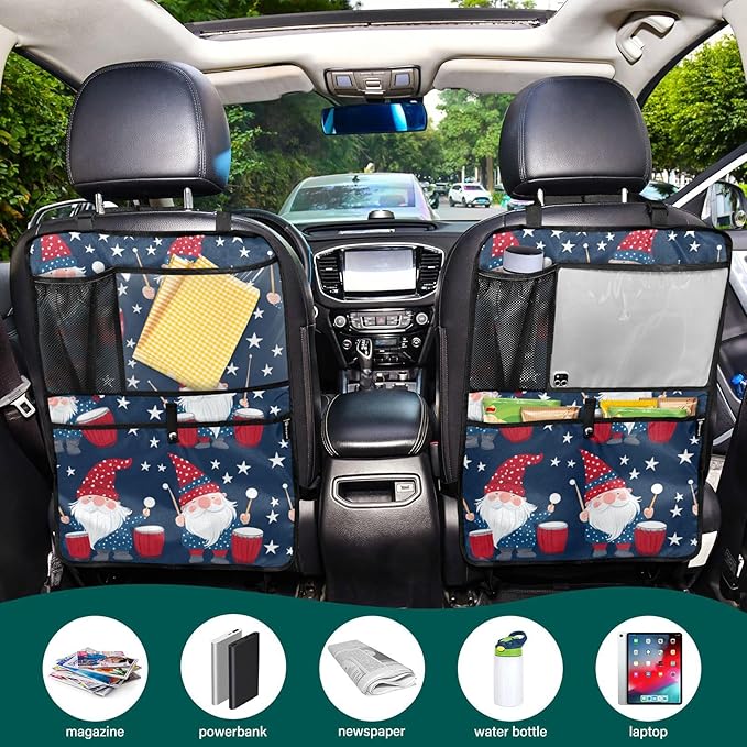 July 4th Gnomes Drum Dark Blue 1 Pack Backseat Car Organizer with Storage Pockets Seat Back Organizers for Kids Kick Mats Backseat Protector Automotive