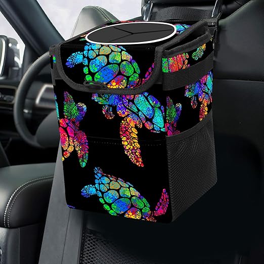 Colorful Sea Turtle Animal Car Trash Can with Lid Collapsible Reusable Waterproof Automotive Garbage Can,Car Organizer