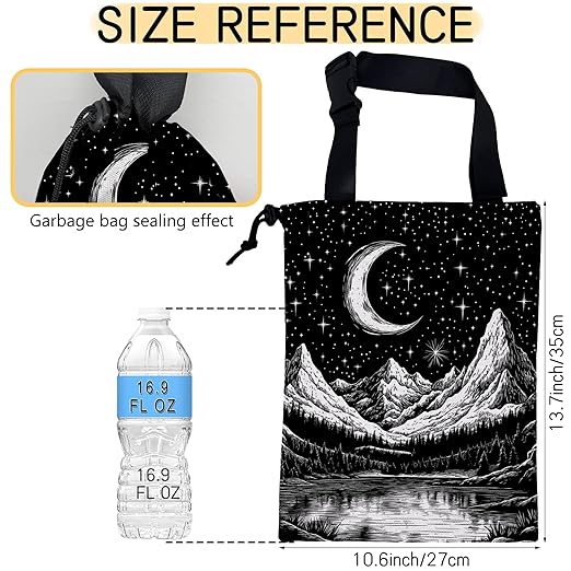 Moon and Lake River Car Garbage Bag,Mountain Night Sky Small Car Trash Bag Hanging Back of Seat,Drawstring Car Trash Bag with Adjustable Buckle,Car Accessories for Camping Travelling