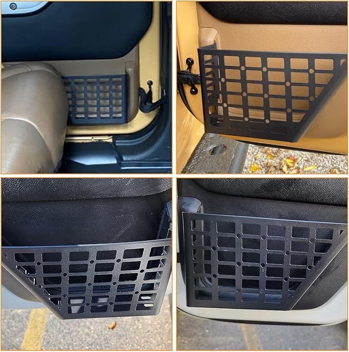 1 Pair Aluminum Rear Door Storage Pockets for 2007-2018 Jeep Wrangler JK JKU - Black Organizer with Tool-Free Install, Anti-Rust Coating & Accessory Mount (Grid)