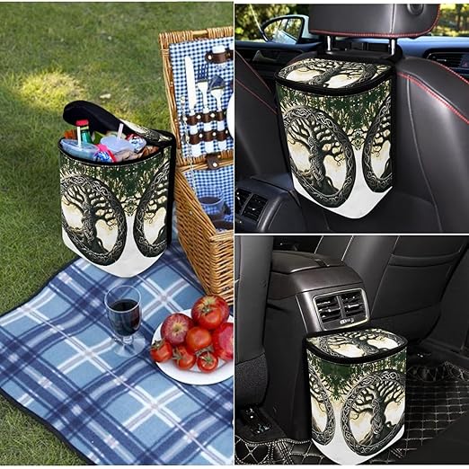 1.2 Gallons Hanging Trash Can, Tree of Life Garbage Bags for Cars, Adjustable Hanging for Tail of Console/Back of Seats, Odor-Free with Zipper Leak-Proof Lid Design, Mini Size for Convenience
