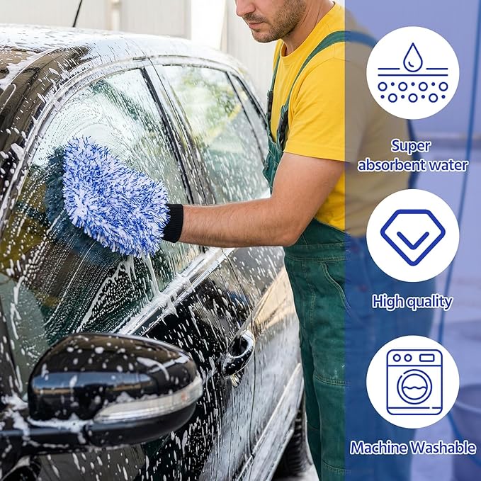 4 Pack Microfiber Car Wash Mitts Set 10x7 Inch Soft Suede Lining Car Wash Gloves, Highly Absorbent Scratch-free Cleaning Cloths for Auto Detailing, Safe with All Soaps, Bucket (Blue & Black)