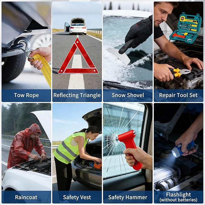 XOOL Car Emergency Kit with Jumper Cables, First Aid Kit, Tow Strap & Tool Set – 88PCS Roadside Safety Kit for Cars, Trucks & SUVs