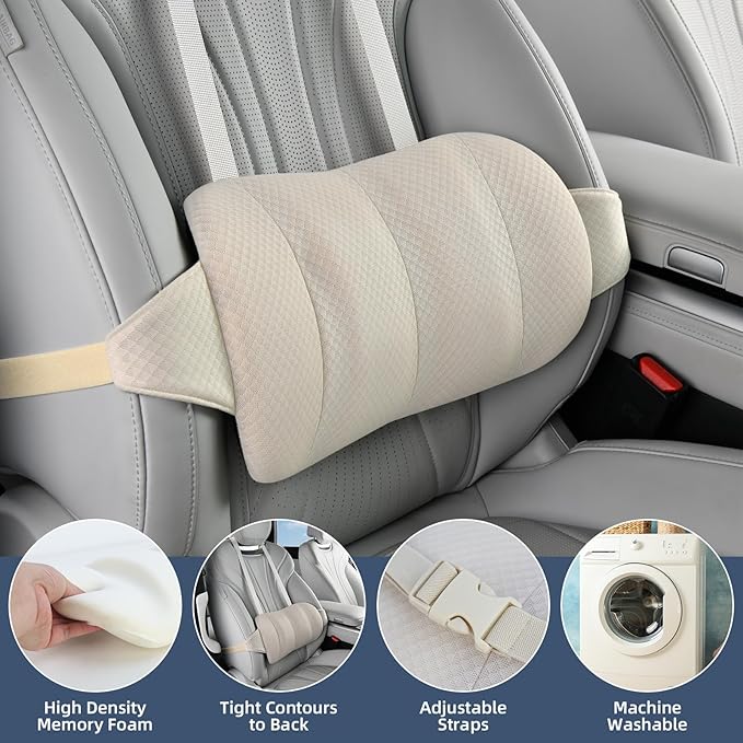 KAYI Lumbar Support Pillow for Car, Memory Foam Lumbar Pillow with Adjustable Straps, Lumbar Support Pillow for Office Chair, Back Support for Car, Sitting, Driving, Traveling (1, Beige)
