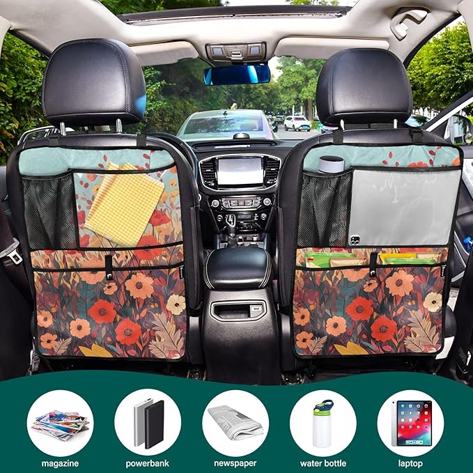 1 Pack Back Seat Car Organizer with Storage Pockets Kick Mats Back Seat Protector Hanging Car Organizer Automotive Seat Back Cover Organizers Autumn Poppy Flowers