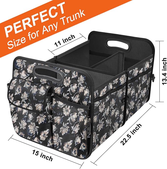 Trunk Organizer, Collapsible Trunk Organizers and Storage, Car Accessories for Women and Men, Multi-Compartment Trunk Storage Organizer for SUV, Car, Mini-Van - Floral