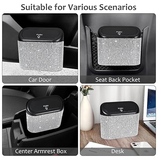 Accmor Bling Car Trash Can with Lid, Mini Auto Garbage Storage Bin with 60pcs Garbage Bags, Sparkling Crystal Trash Bags Holder Dustbin Vehicle Accessories Container Organizer (White Rhinestone)