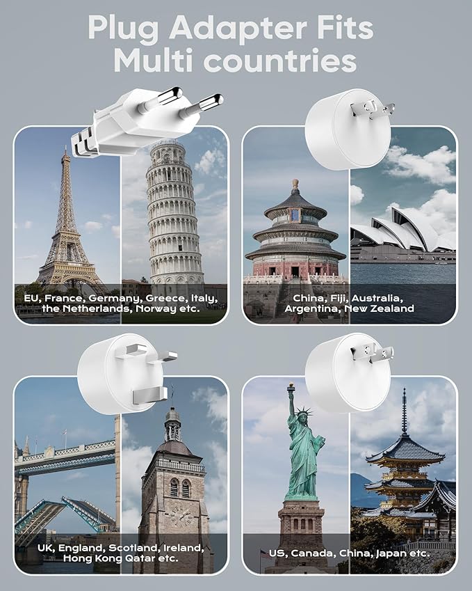 Universal Travel Adapter, Kakyanill European Travel Plug Adapter, EU/UK/AU/Plug Adapter, 4 AC Outlets, 6 USB Ports (3 USB C), 5ft Flat Extension Cord, Compact for Travel