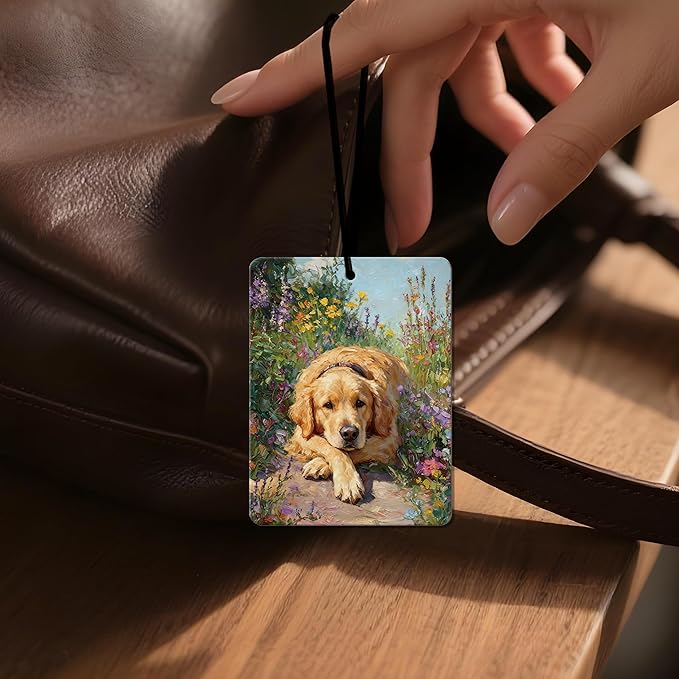 Vintage Golden Retriever Floral Air Freshener 4Pcs, Artistic Dog & Flower Field Air Freshener for Car Interior, Closet, Drawer, Books, Car Mirror Decor Hanging, Gift for Dog Lovers