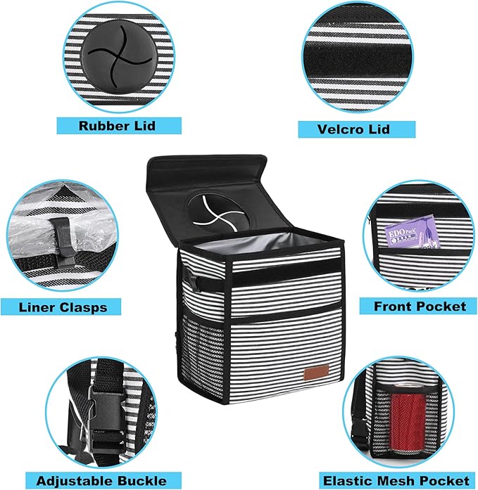 Femuar Leak Proof Car Trash Can With Lid - Waterproof Garbage Bag With Storage Mesh Pocket, Large/Stripe