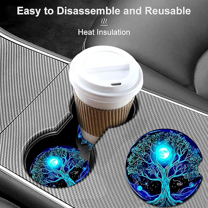 Car Coasters for Cup Holders,2 Pack Tree of Life Car Cup Holder Coasters,2.75" Universal Size Anti Slip Rubber Mat,Automotive Cup Holder Decal Decor Accessories,Good Luck Gifts for Women,Men