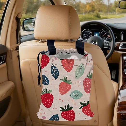 Cartoon Strawberry Car Garbage Bag, Small Car Trash Bag Hanging,Drawstring Car Garbage Bag with Adjustable Buckle for Car Back Seat,SUVs,Camping,Road Trips