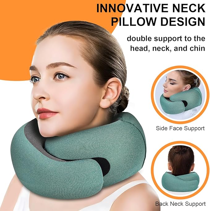 Travel Pillow - Hooded Neck Pillow Airplane Memory Foam Filling for Plane, Office, Cars Sleeping, Road Trip, Long Flights, Portable Plane Accessories, Includes Eye Mask & Earplugs (Green)