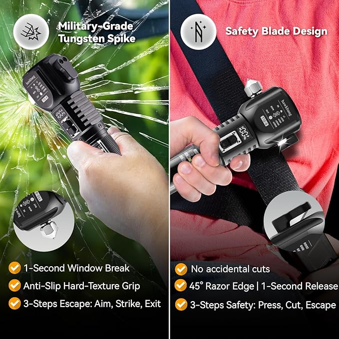 18-in-1 Car Safety Hammer Solar/USB Rechargeable Flashlight High Lumens with Electric Lighter Window Breaker Seatbelt Cutter Power Bank Emergency Work & Strobe Light for Car Repair Escape