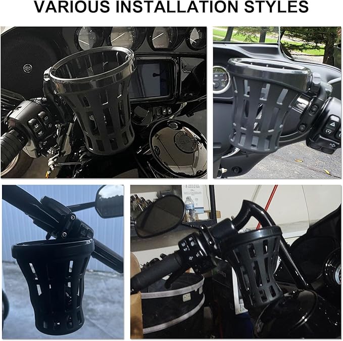 PSLER Motorcycle Drink Cup Holder Handlebar Mount Universal for Dyna Fat Bob Touring Road Glide Street Electra Glide Softail 1996-up Goldwing GL1800 2018-up (Black, 105mm)