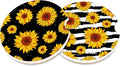 Autumn Sunflowers Car Cup Holder Coasters,Sunflowers Black White Stripe Car Cup Coasters Absorbent for Drinks with Cork Base Anti-Slip Universal Ceramic Insert Auto Interior Accessories 2Pcs