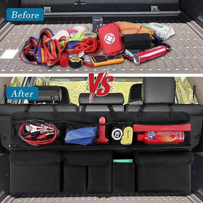 Car Trunk Organizer, Upgraded Version Expand Space Hanging Trunk Organizer with Adjustable Straps, Collapsible Waterproof Cargo Storage, Sturdy Space Saver Frees Trunk Floor for SUV, Truck