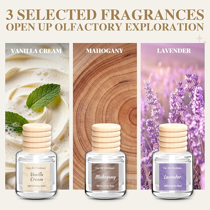 Car Air Freshener 6 Pack, Vanilla Cream,Mahogany & Lavender 3 Natural Scent, Long Lasting Essential Oil Fragrance Diffuser, Hanging Air Freshener Cute Car Accessories Interior for women