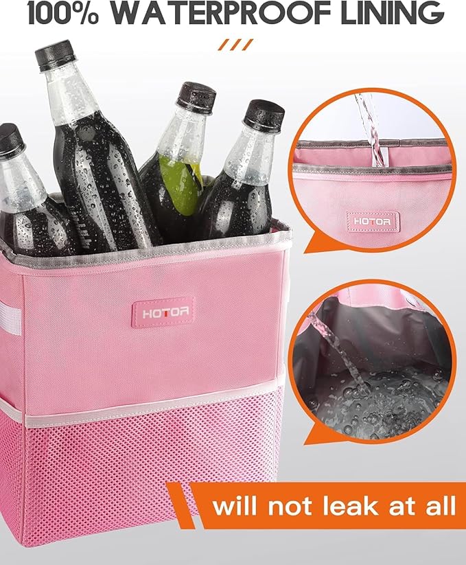 HOTOR Car Trash Can with Lid and Storage Pockets - 100% Leak-Proof Organizer, Waterproof Garbage Can, Multipurpose Trash Bin for Car, 2 Gallons, Pink
