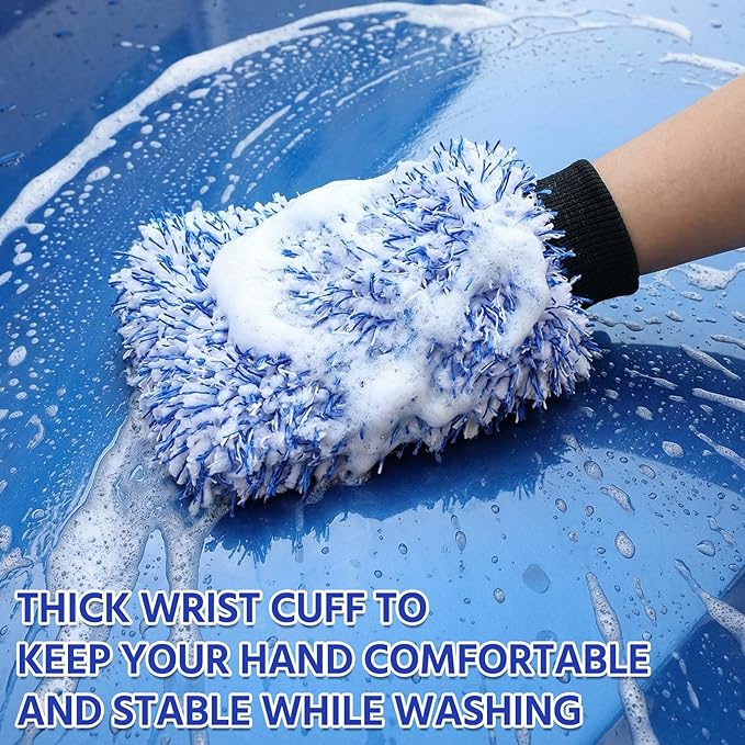 4 Pack Microfiber Car Wash Mitts Set 10x7 Inch Soft Suede Lining Car Wash Gloves, Highly Absorbent Scratch-free Cleaning Cloths for Auto Detailing, Safe with All Soaps, Bucket (Blue & Black)