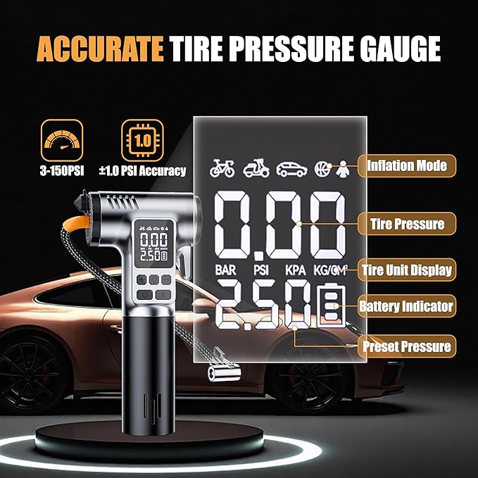 Portable Tire Inflator, 150PSI Air Compressor with LCD pressure gauge & Auto shut-off, Features built-in LED light, Safety hammer & Seatbelt Cutter, for Car/Bike/Motorcycles/Ball