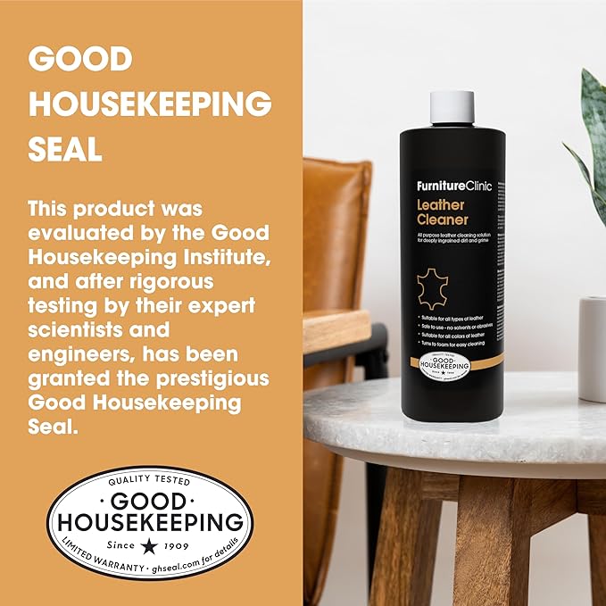 Furniture Clinic Leather Cleaner | Non-Toxic | Removes Dirt & Grime | All-Purpose Cleaning Solution for Couches, Car Seats, Purses, Shoes & Saddles | Restores All Leather Types | 17oz / 500ml