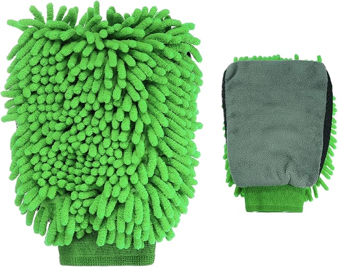 HARFINGTON Chenille Microfiber Car Wash Mitts 9.8" x 7.9" Scratch Free Wash Gloves Absorbent Double Sided Plush Cleaning Drying Mitts for Car Washing Home Clean, Green