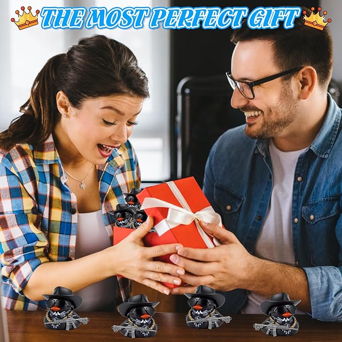 BOZILY Black Cowboy Cool Rubber Duck Car Dashboard Decoration with Hat, Sunglasses, Bandana, Necklace, Gun Model& Adhesive Tapes - for Car Accessories