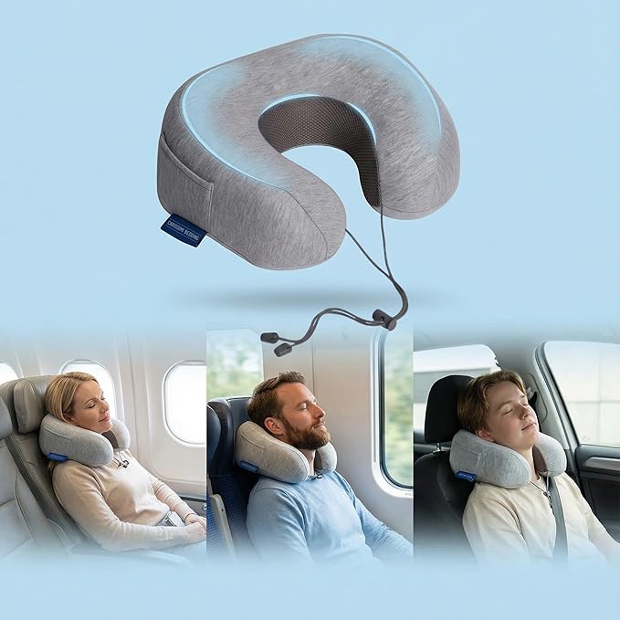 Travel Neck Pillow with Bag – Compact Memory Foam Neck Pillow for Airplane, Car and Office – Ergonomic Design for Travel Comfort and Shoulder & Neck Support