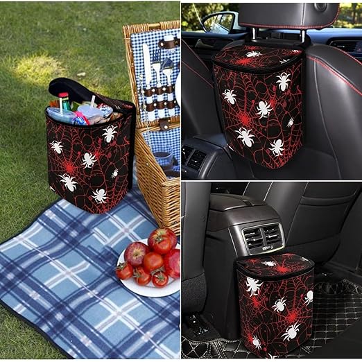 1.2 Gallons Mini Trash Can for Car, Halloween Spider Web Auto Trash Bag for Car, Adjustable Hanging for Tail of Console/Back of Seats, Odor-Free with Zipper Leak-Proof Lid Design Washable