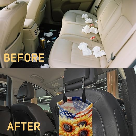 Sunflowers on American Flag Car Garbage Bag, Small Car Trash Bag Hanging Back of Seat,Drawstring Car Trash Bag with Adjustable Buckle,Car Accessories for Camping Travelling