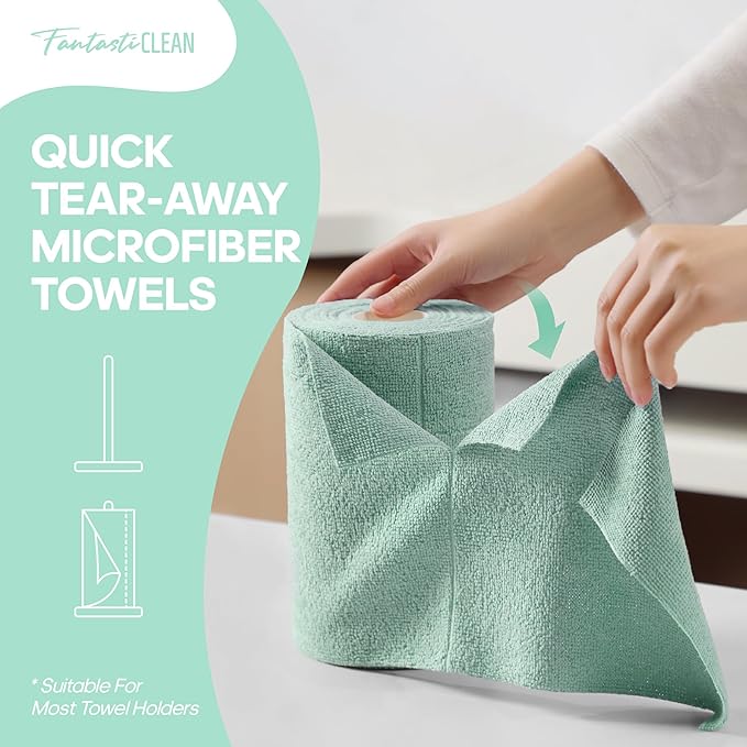 Fantasticlean Microfiber Cleaning Cloth Roll -60 Pack, Tear Away Paperless Towels, 8" x 8", Reusable Washable Rags, for House Kitchen, Pet, Office, Indoor Outdoor, Compact and Portable (Mint Green)