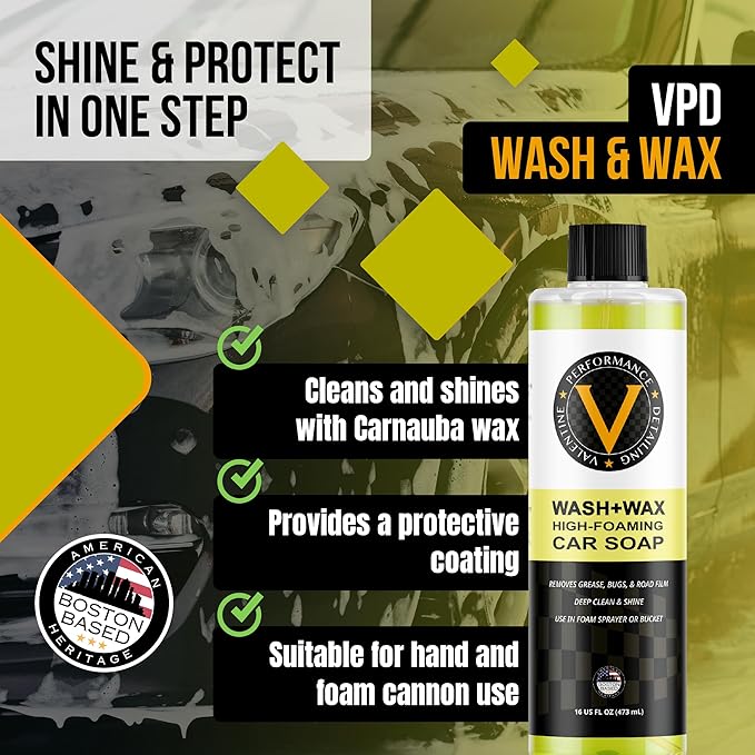 VPD Ultimate Shine Wash & Wax Cleaner 16oz - High Foaming Car Soap with Carnauba Wax, Ideal for Car Detailing, Cleaning, and Shining - Versatile for Foam Cannon & Bucket, Car Wash Kit Essential