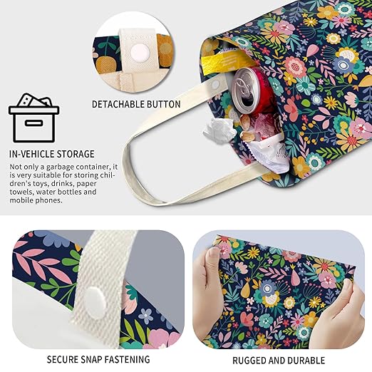 Cute Car Trash Can, Hanging Canvas Car Back Seat Organizer and Storage Bag, Funny Car Trash Bag For Travelling, Outdoor Cute Colorful Flowers