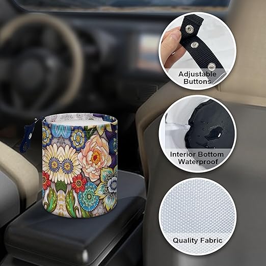 Cute Car Trash Bag, Hanging Car Organizer and Storage Bag, Trash Bin for Car Accessories, Vehicle, Travelling, Camping - Boho Blossom