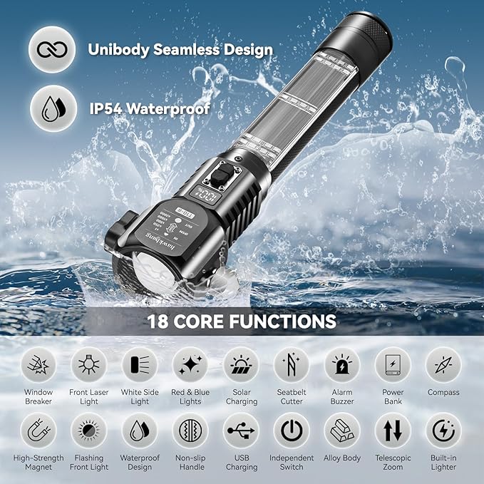 18-in-1 Car Safety Hammer Solar/USB Rechargeable Flashlight High Lumens with Electric Lighter Window Breaker Seatbelt Cutter Power Bank Emergency Work & Strobe Light for Car Repair Escape