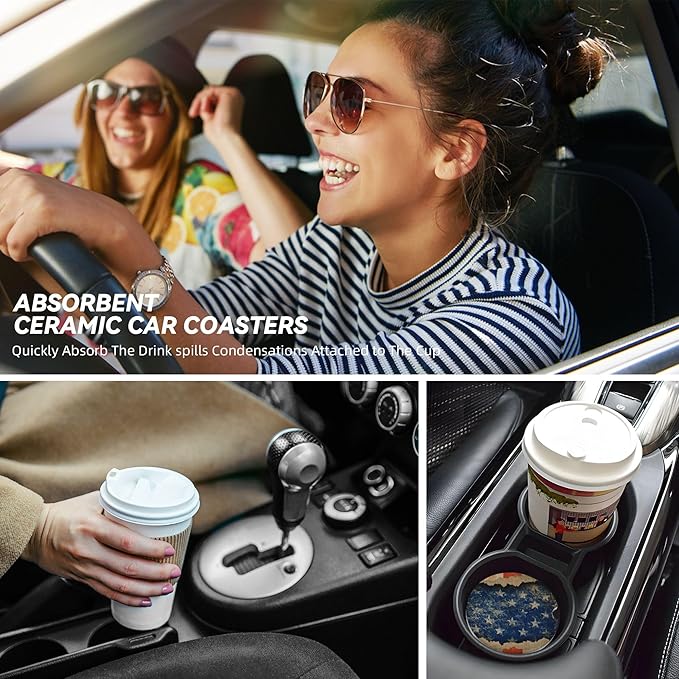 Absorbent Car Coasters for Cup Holders, 2 Pack Universal Anti Slip Ceramic Cup Coaster for Women Men 2.56 Inch Car Interior Accessories - Vintage Stars and Stripes 010