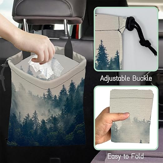 Misty Forest Car Trash Bag,Foggy Mountain Hanging Drawstring Car Garbage Bag,Waterproof Canvas Car Back Seat Organizer with Adjustable Buckle,for Vehicles,SUVs,Camping,Road Trips