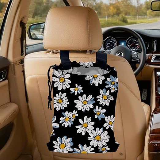 White Daisy Flowers Car Trash Bag, Strap Drawstring Car Garbage Bags,Car Back Seat Organizer with Adjustable Buckle for Car Accessories