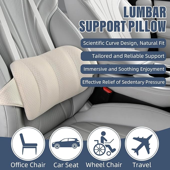 KAYI Lumbar Support Pillow for Car, Memory Foam Lumbar Pillow with Adjustable Straps, Lumbar Support Pillow for Office Chair, Back Support for Car, Sitting, Driving, Traveling (1, Beige)