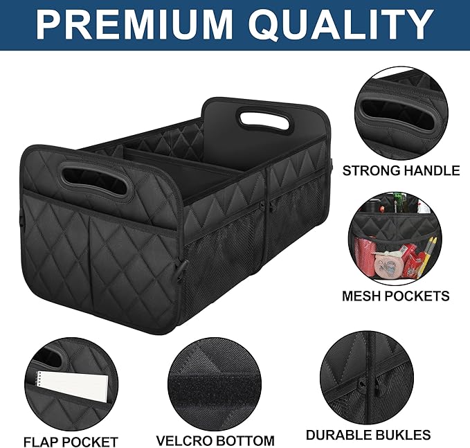 Deosk Minimalist Black Car Trunk Organizer, 50L, 6 Pockets, Foldable & Waterproof