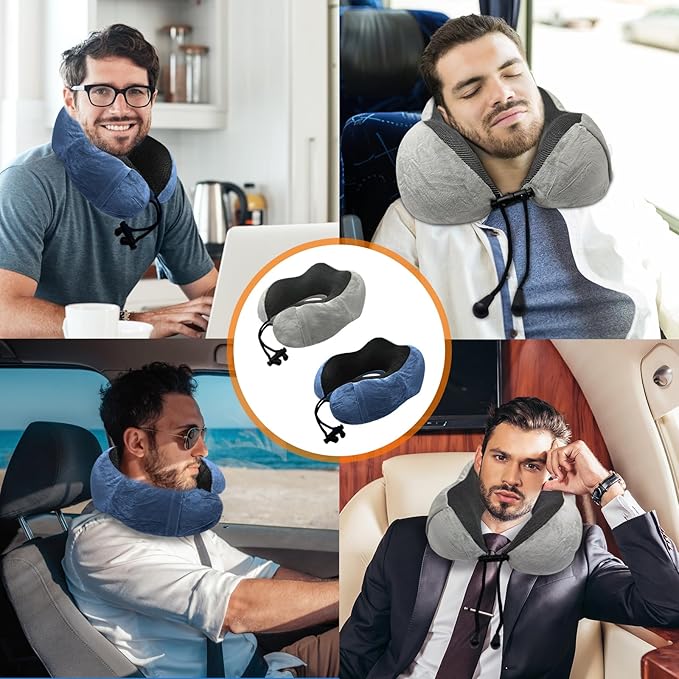 Travel Pillow 3-in-1 Memory Foam Ergonomic Neck Support Pillow for Airplanes with Ear Plugs & Eye Mask | Machine Washable Travel Pillow for Long Flights, Road Trips & Camping (grey+dark blue)