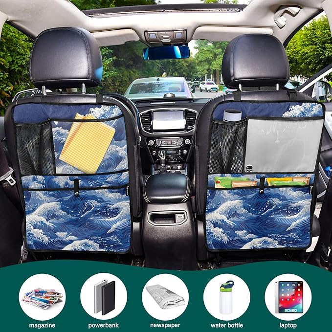 1 Pack Back Seat Car Organizer with Storage Pockets Kick Mats Back Seat Protector Hanging Car Organizer Automotive Seat Back Cover Organizers Japanese Deep Blue Sea Waves