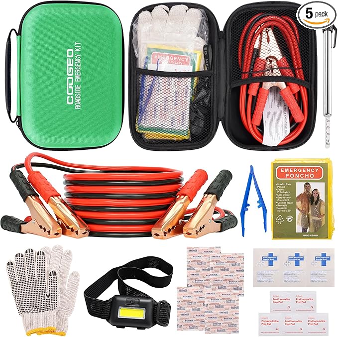 Car Roadside Emergency Kit with Battery Jumper Cables,Car Accessories for Men or Women,Automotive Safety Kit for Car,Vehicle, Truck or SUV,Gifts for Men or Him,Green