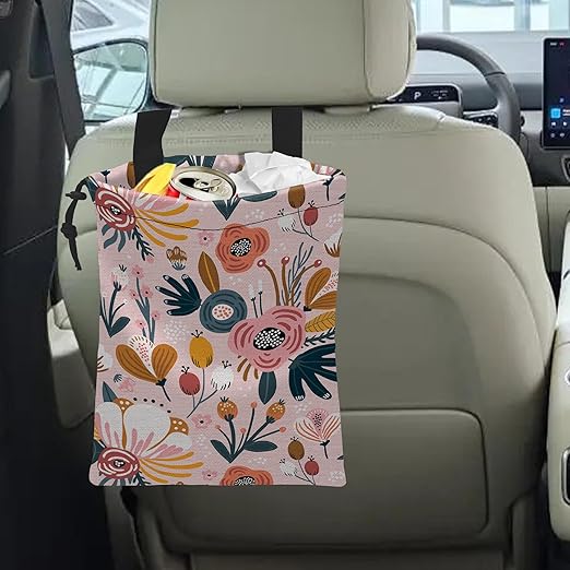 Car Trash Bag Creative Floral Car Garbage Bag Hanging Car Trash Can for Back Seat with Drawstring, Waterproof Garbage Bags for Car Accessories Vehicle Travelling Camping Outdoor