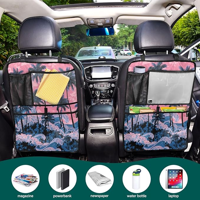 1 Pack Back Seat Car Organizer with Storage Pockets Kick Mats Back Seat Protector Hanging Car Organizer Automotive Seat Back Cover Organizers Palm Tree Wave Pink